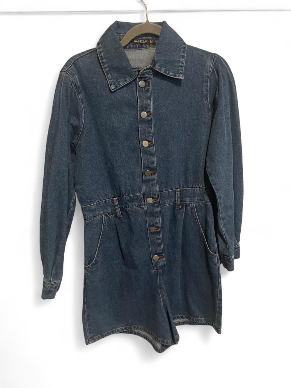 Nasty Gal Nothing But-ton Love Denim Balloon Sleeve Collared Romper